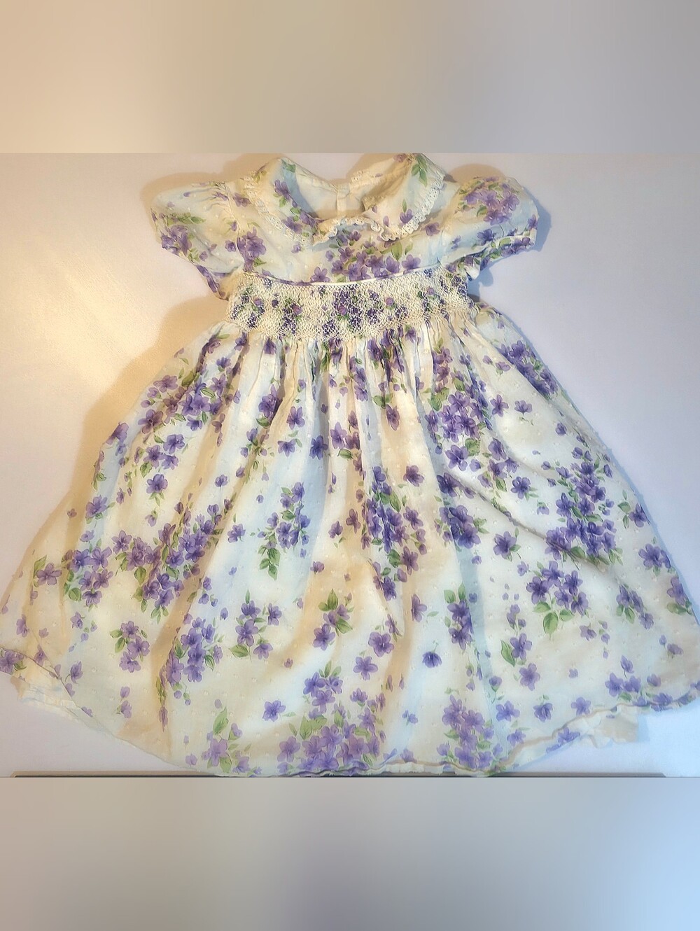 Vintage Rare Editions Toddler Girl 3T Smocked Dress Purple Flowers Lace Trim 03'